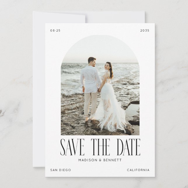 Modern Minimal Boho Arch Photo Double Sided Save The Date (Front)