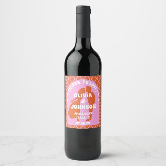 Modern Minimal Bold Pink Orange Retro Boho Arch Wine Label (Front)