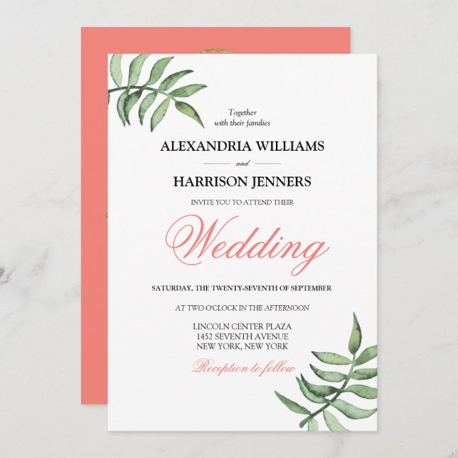 Modern Minimal Botanical Coral Green Wedding Invitation (Front/Back)
