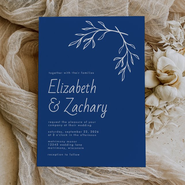 Modern Minimal Botanical Indigo Blue Wedding Invitation (Creator Uploaded)
