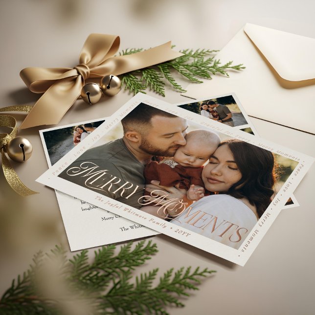 Modern Minimal Bow Merry Moments Photo Collage (Modern Minimal Bow Merry Moments Photo Collage Foil Holiday Card)