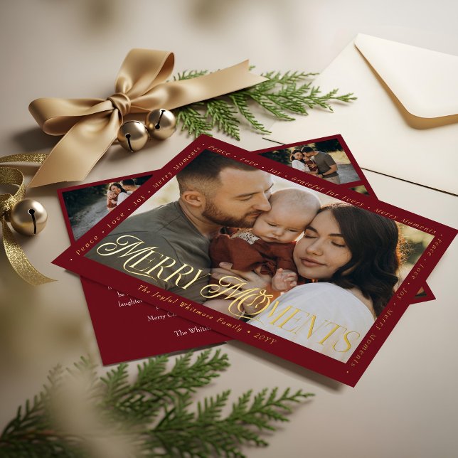 Modern Minimal Bow Merry Moments Photo Collage Foi (Modern Minimal Bow Merry Moments Photo Collage Foil Holiday Card)