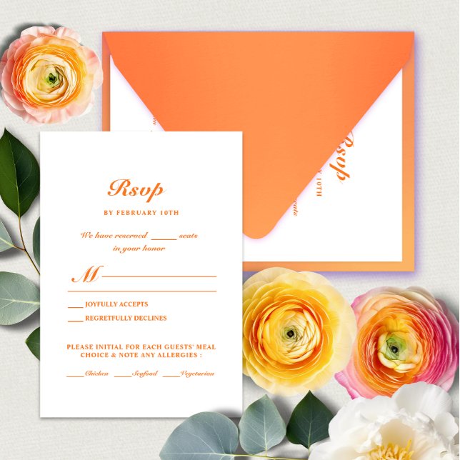 Modern Minimal Bright Orange Wedding Meal Choice RSVP Card (Creator Uploaded)