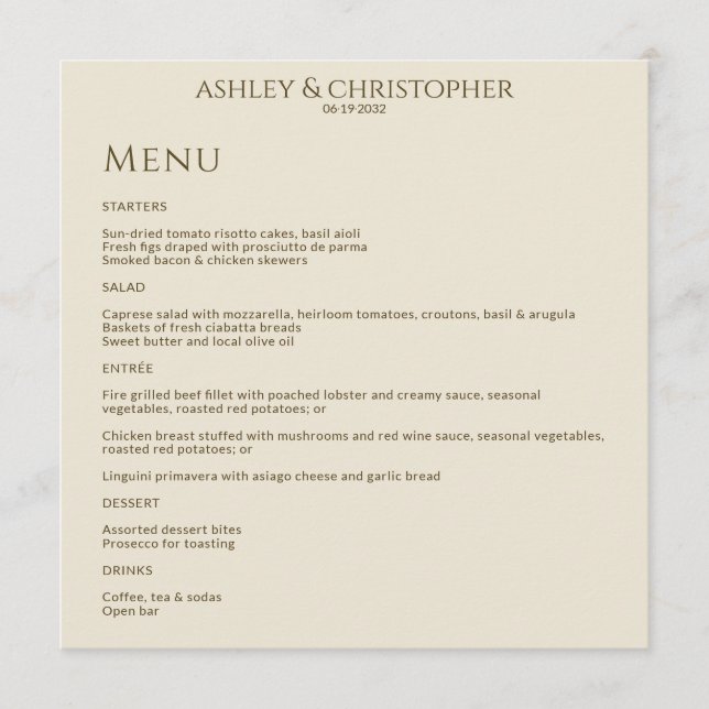 Modern Minimal Bronze & Gold Wedding Reception Menu (Front)
