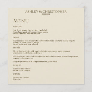 Modern Minimal Bronze & Gold Wedding Reception Menu