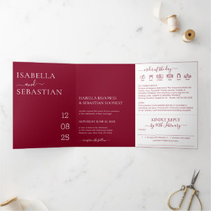 Modern Minimal Burgundy All-in-One Wedding Tri-Fold Invitation