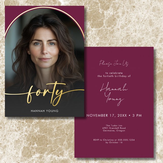 Modern Minimal Burgundy Arch Fortieth Birthday (Modern Minimal Burgundy Arch Fortieth Birthday Foil Invitation)