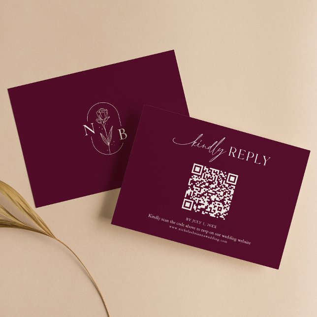 Modern Minimal Burgundy Boho Wedding QR Code RSVP Card (Creator Uploaded)