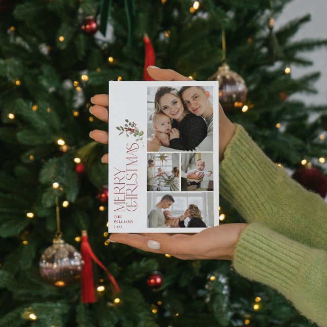 Modern Minimal Burgundy Merry Typography 4 Photo Holiday Card (Creator Uploaded)