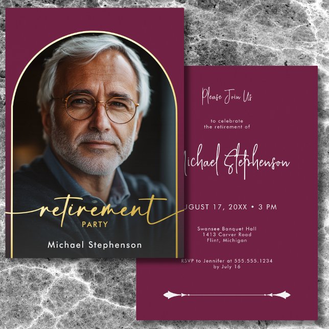 Modern Minimal Burgundy Retirement Party (Modern Minimal Burgundy Foil Retirement Party Foil Invitation)