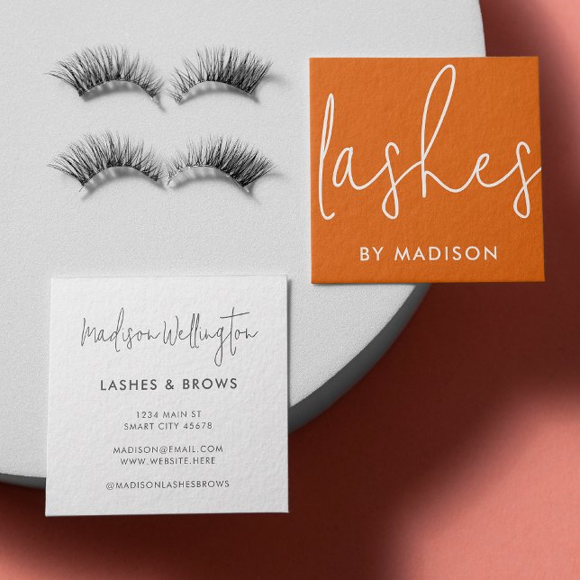Modern Minimal Burnt Orange Script Beauty Lashes Square Business Card (Creator Uploaded)