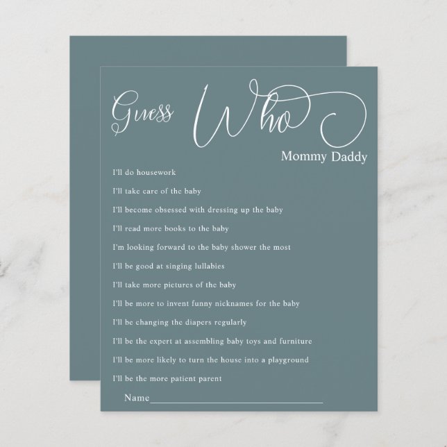 Modern Minimal Calligraphy Baby Shower Guess Who (Front/Back)