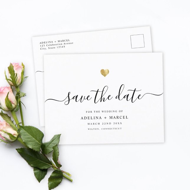 Modern Minimal Calligraphy Chic Gold Save The Date Announcement Postcard (Creator Uploaded)