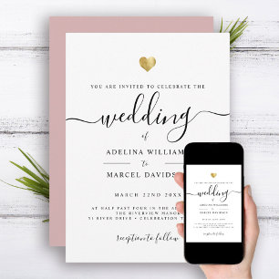 Modern Minimal Calligraphy Gold Heart Wedding Invitation