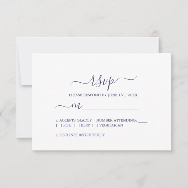 Modern Minimal Calligraphy Navy Blue Wedding RSVP Card (Front)