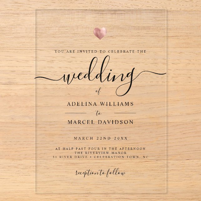 Modern Minimal Calligraphy Rose Gold Heart Wedding Acrylic Invitations (Front)