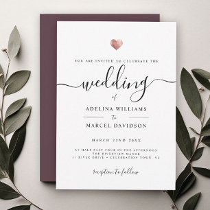 Modern Minimal Calligraphy Rose Gold Heart Wedding Invitation