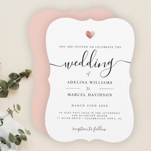 Modern Minimal Calligraphy Rose Gold Heart Wedding Invitation (Creator Uploaded)