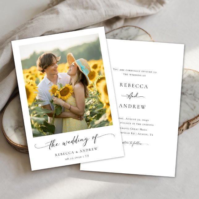 Modern Minimal Calligraphy Sunflower Photo Wedding Invitation (Creator Uploaded)