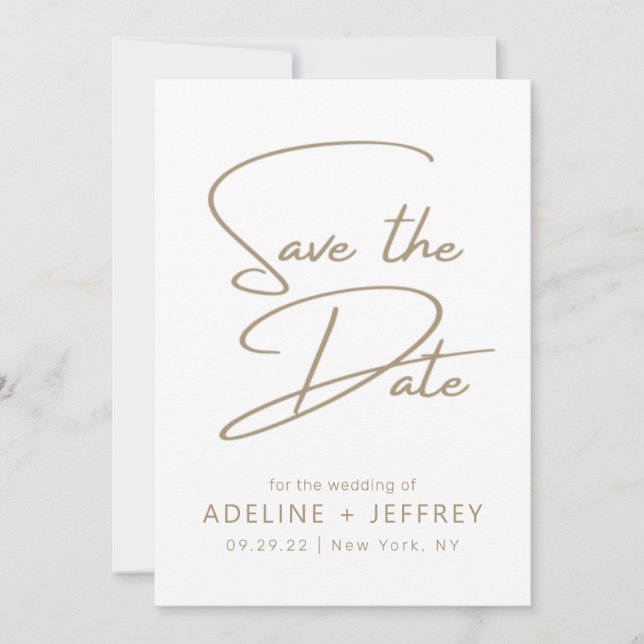 Modern Minimal Calligraphy White Gold Wedding Save The Date (Front)