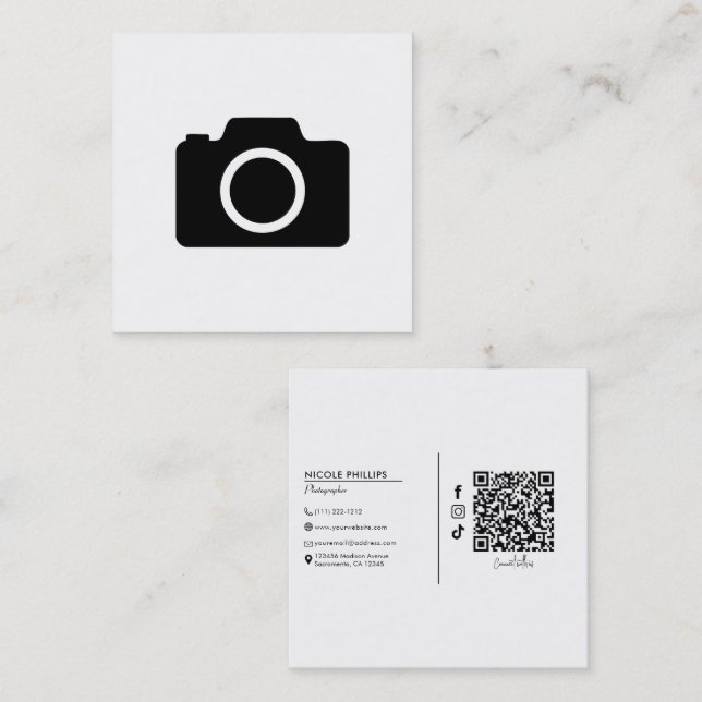Modern Minimal Camera Photographer  Square Business Card (Front/Back)