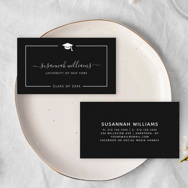 Modern Minimal Chic Script Graduation Calling Card (Two elegant black business cards on a white plate. One card has a graduation cap icon, cursive text)
