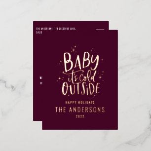 Modern minimal Christmas burgundy elegant Foil Hol Holiday Postcard