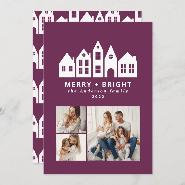 Modern minimal Christmas purple houses 3 photo Holiday Card (Front/Back)