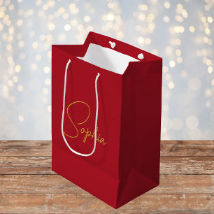 Modern Minimal Christmas Red Custom Name Gift Medium Gift Bag