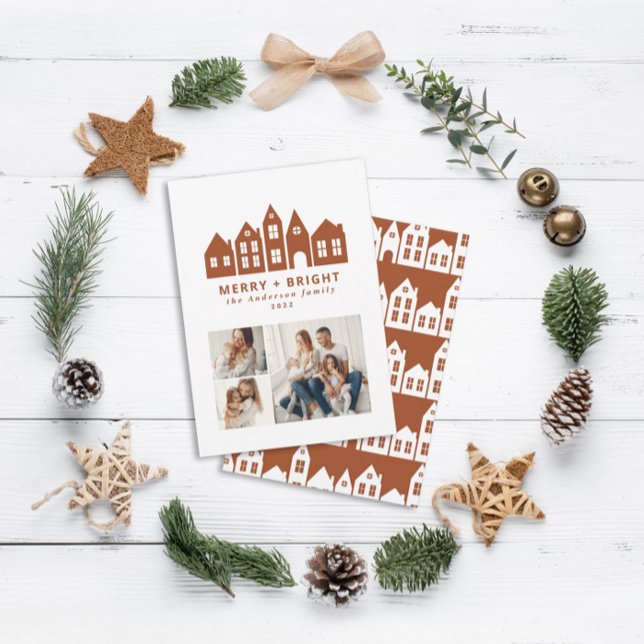 Modern minimal Christmas terracotta houses 3 photo Holiday Card (Creator Uploaded)