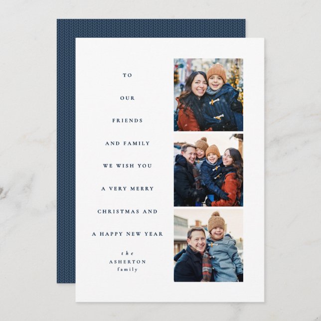 Modern minimal Christmas tree three photo navy Holiday Card (Front/Back)