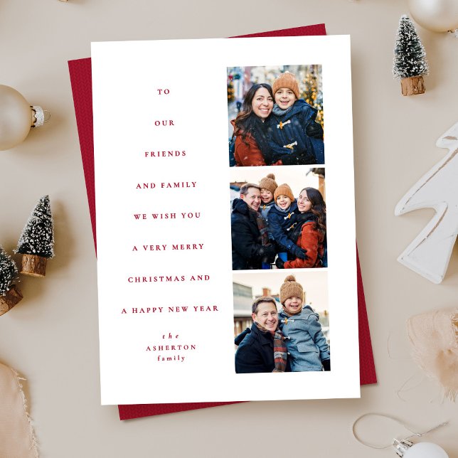 Modern minimal Christmas tree three photo red Holiday Card (Creator Uploaded)