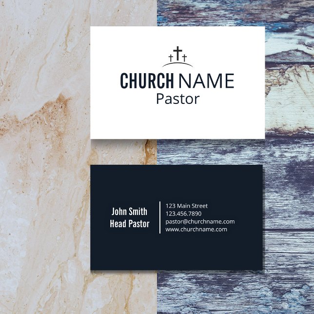 Modern Minimal Church Pastor Three Cross  Business Card (Modern Minimal Church Pastor Three Cross Navy Business Card)