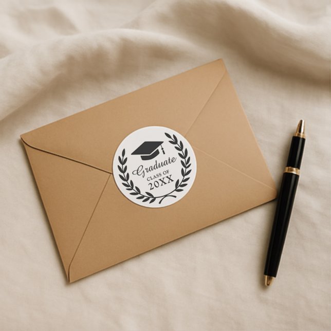 Modern Minimal Class Year Laurel Wreath Grad Party Classic Round Sticker (Creator Uploaded)