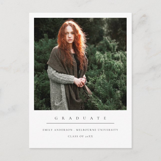 MODERN MINIMAL CLEAN CUSTOM PHOTO GRADUATION ANNOUNCEMENT POSTCARD (Front)
