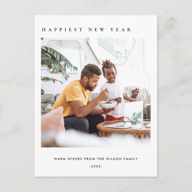 MODERN MINIMAL CLEAN CUSTOM PHOTO HAPPY NEW YEAR HOLIDAY POSTCARD (Front)