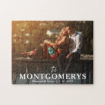 Modern Minimal Couple Photo Jigsaw Puzzle<br><div class="desc">A fun photo jigsaw puzzle features your surname,  names and wedding date (or anything you want) over your photo in chic lettering. Choose from the different sizes available.</div>