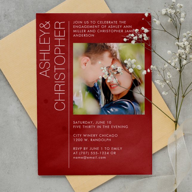 Modern Minimal Crimson Red Engagement Party Photo Invitation (Creator Uploaded)