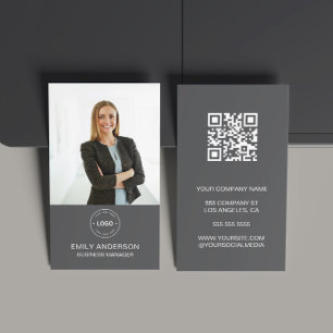 Modern Minimal Custom Photo Logo QR Dark Grey Business Card