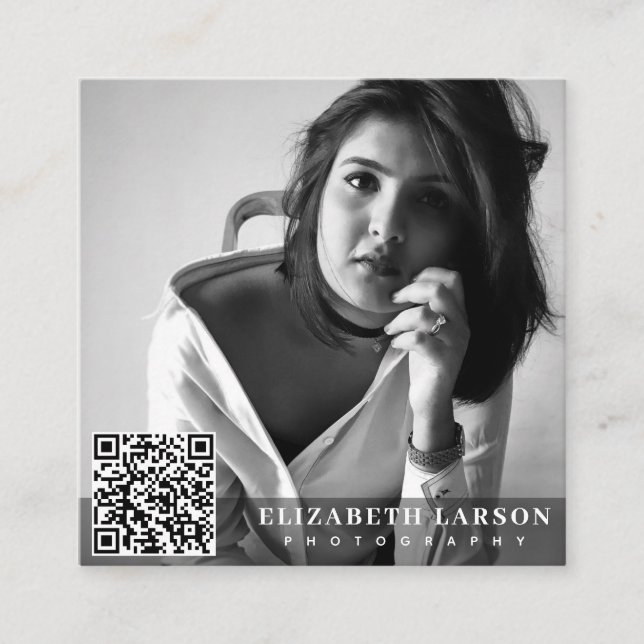 Modern Minimal Custom Photo, QR Code Professional Square Business Card (Front)