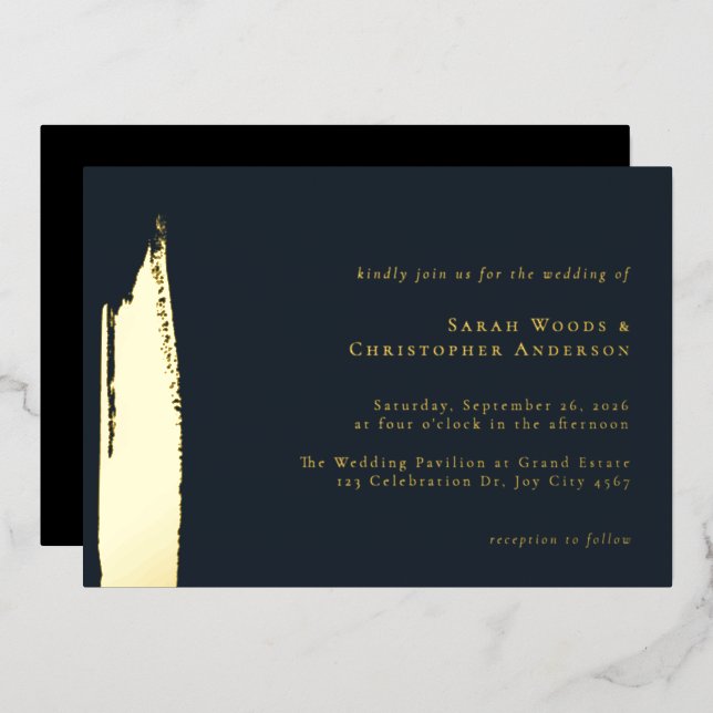 Modern Minimal Dark Blue Gold Paint Wedding  (Front/Back)