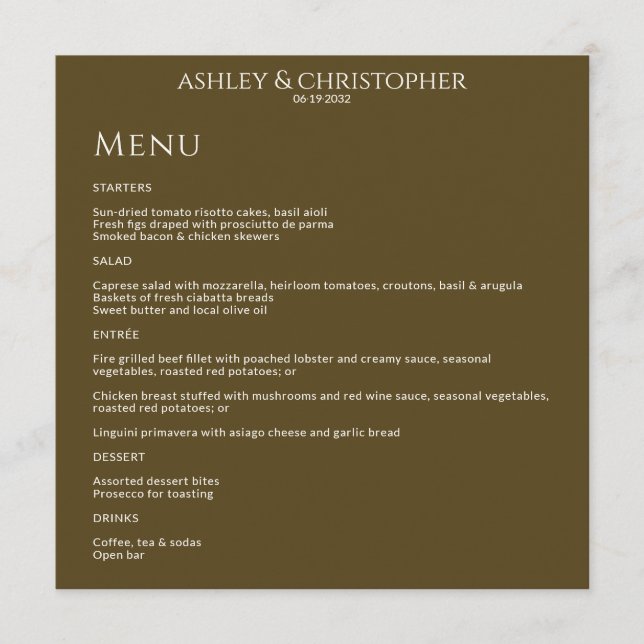 Modern Minimal Dark Bronze Wedding Reception Menu (Front)