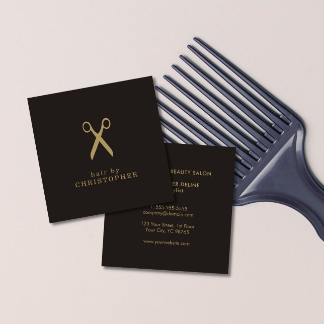 Modern Minimal Dark Faux Gold Hair Stylist Square Business Card (Creator Uploaded)
