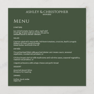Modern Minimal Dark Moss Green Wedding Reception Menu