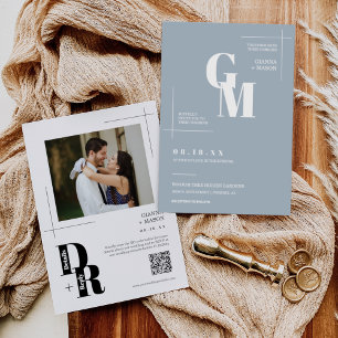 Modern Minimal Dusty Blue Boho Wedding QR Code Invitation