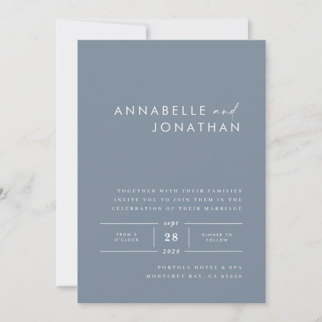 Modern minimal dusty blue contemporary wedding invitation (Front)