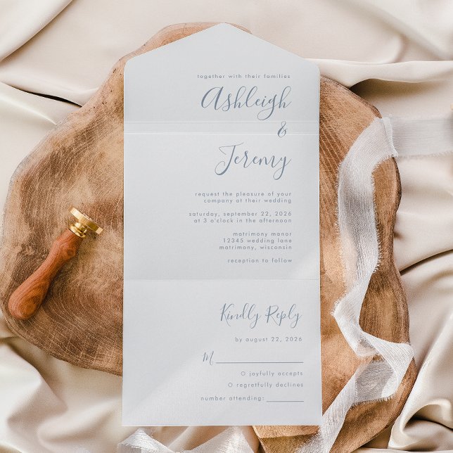 Modern Minimal Dusty Blue Script Wedding All In One Invitation (Creator Uploaded)