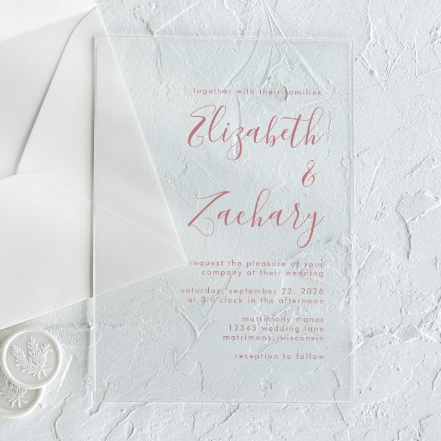 Modern Minimal Dusty Rose Script Wedding Acrylic Invitations (Creator Uploaded)