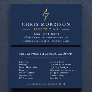 Modern Minimal Electrician Navy Blue Gold Business Card