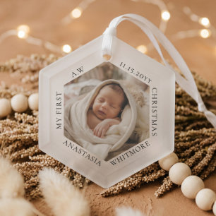 Modern Minimal Elegant Babys First Christmas Photo Glass Tree Decoration